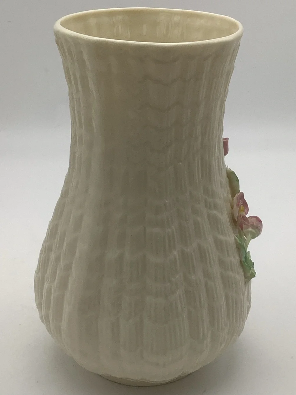 Vintage Belleek Irish Fluted Vase with 3D Floral Design